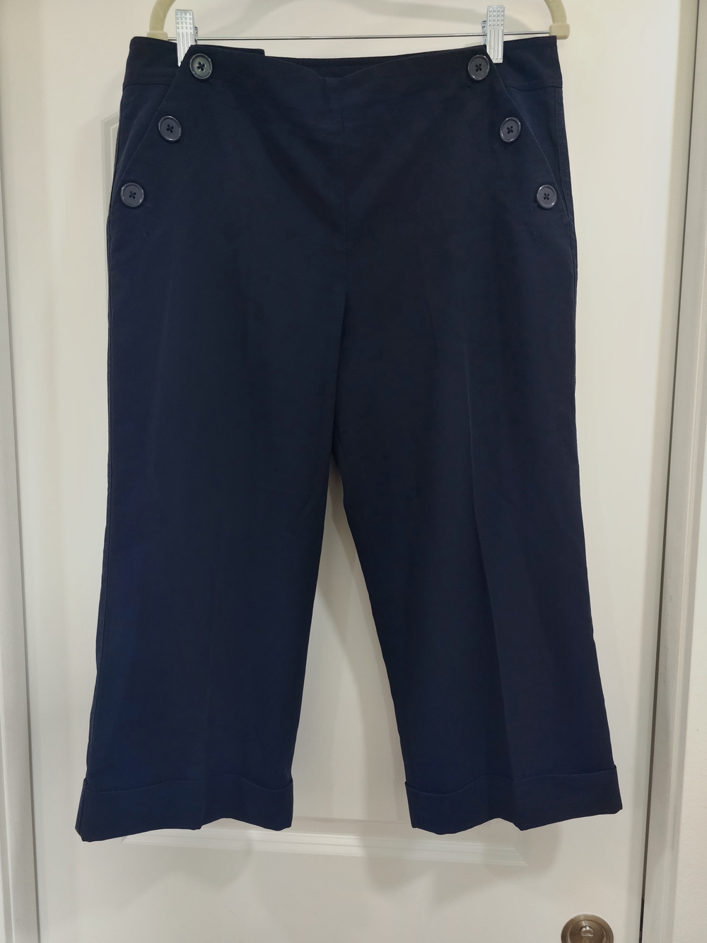 Larry Levine Women's Navy Twill Capris Wide-Leg Pants Stretch Button 12